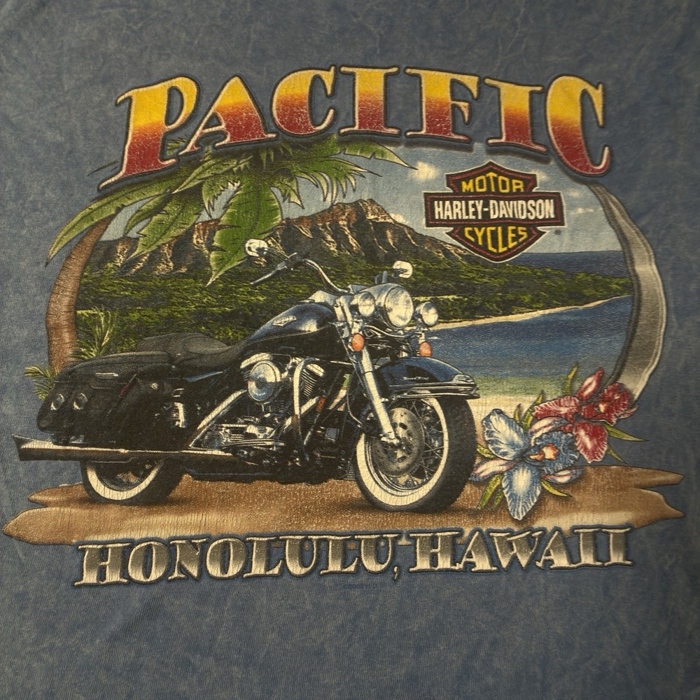 Harley Davidson T Shirt Mens L Blue Mineral Wash Pacific Hawaii Vintage 2000 Y2K
